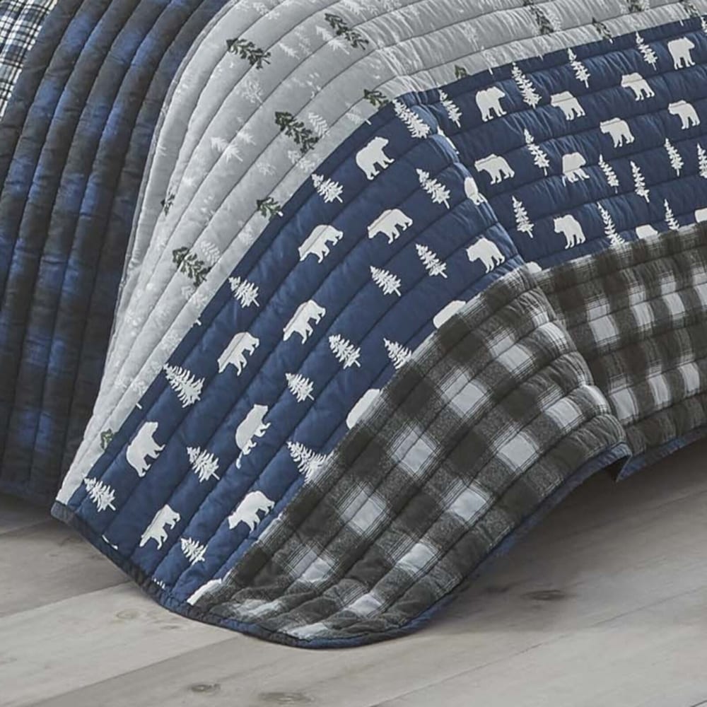 3pc Full/Queen Plaid Quilt Set Super Soft Lightweight Blue Grey