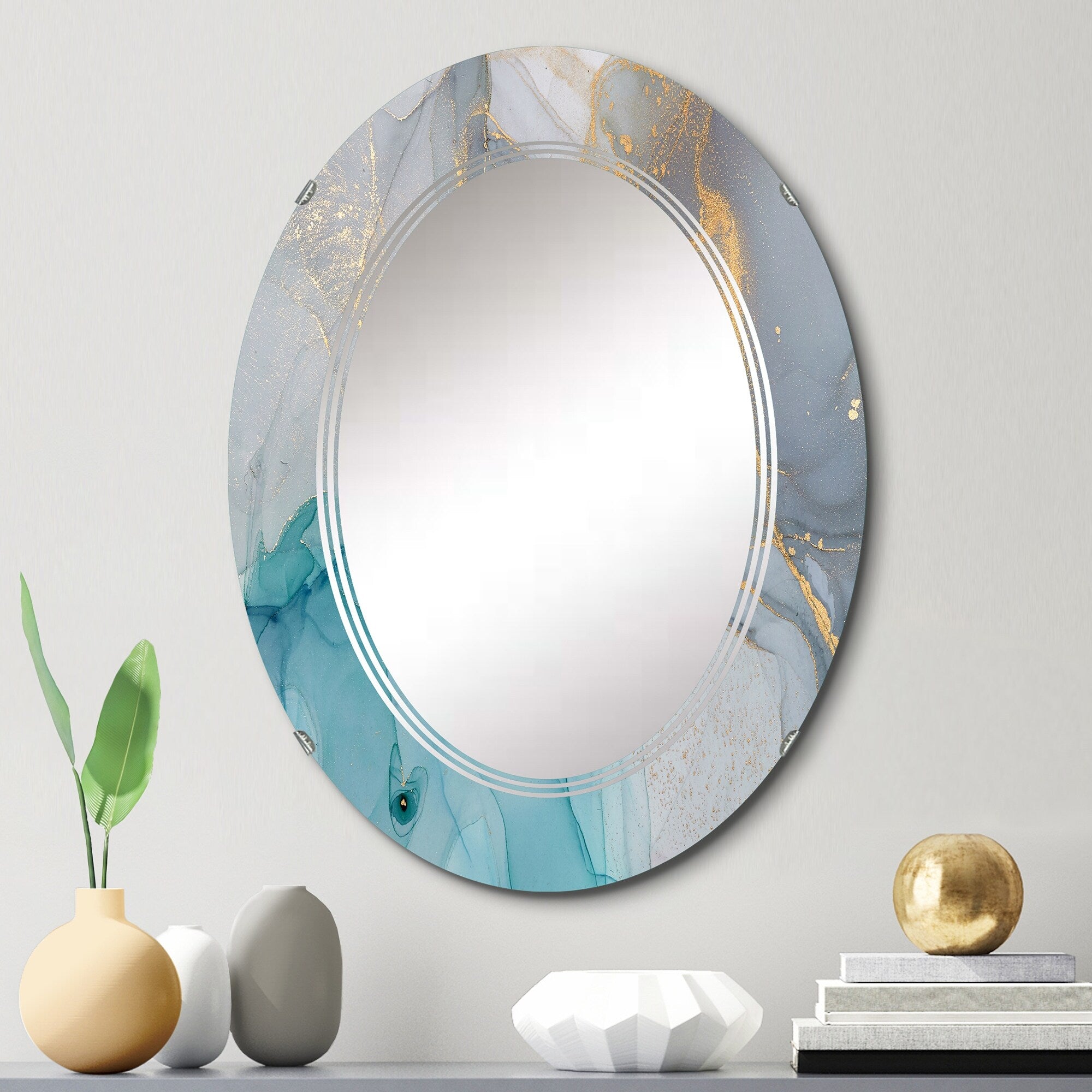 Designart 'Turquoise And Blue Liquid Ink' Printed Modern Wall Mirror