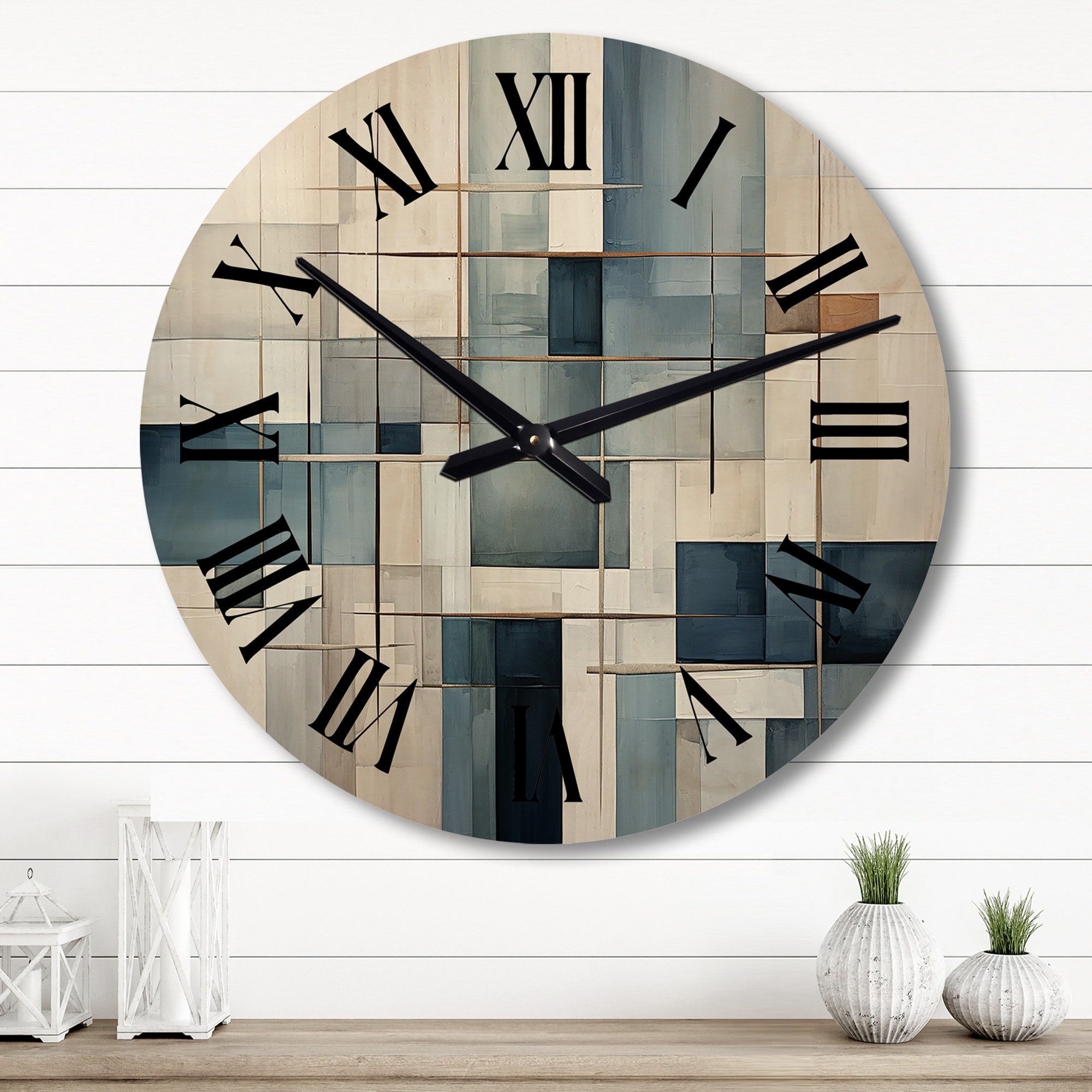 Designart Blue Grey Line Art Abstract Geometrics I Modern Oversized Wood Wall Clock