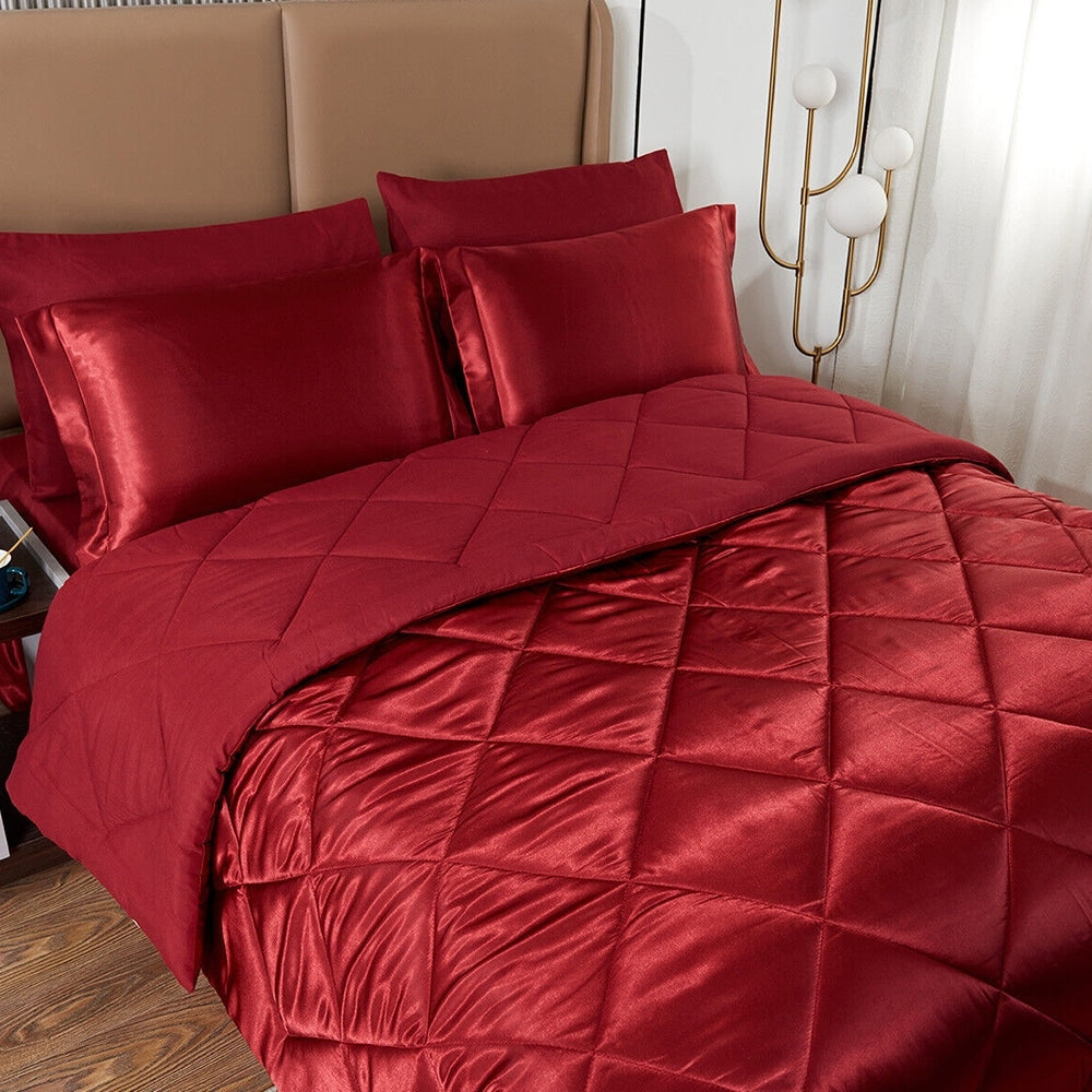 8 Pic Silky Satin Comforter Set Soft Luxury Quilted King Burgundy