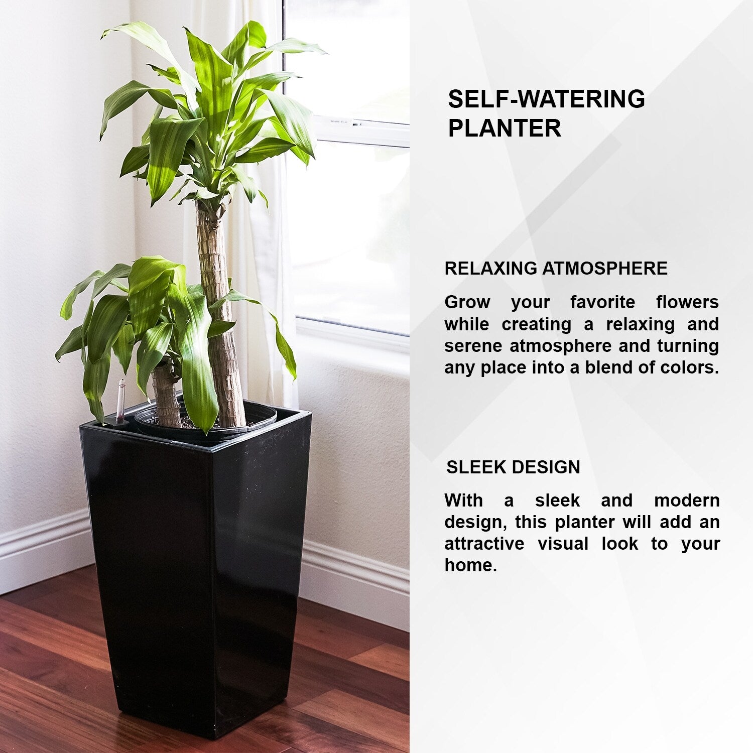 XBrand 22.4 H Plastic Self Watering Indoor Outdoor Square Planter Pot, Tall Decorative Gardening Pot, Home Décor Accent