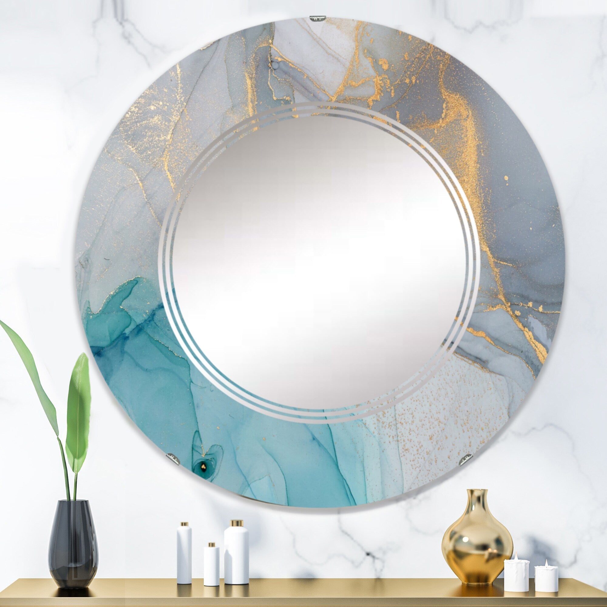 Designart 'Turquoise And Blue Liquid Ink' Printed Modern Wall Mirror