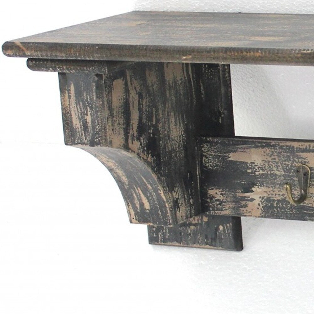 8 x 30 x 9.75 Black Vintage Wooden 4 Metal Hooks - Wall Shelf - 8 x 30 x 9.75