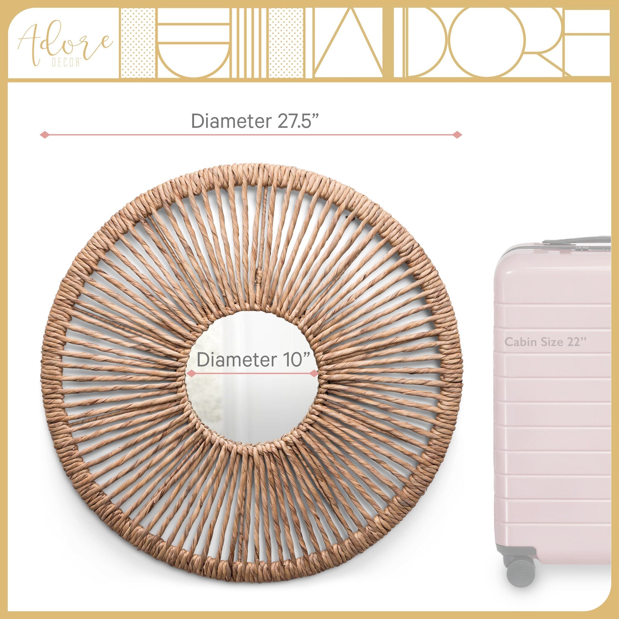 Adore Decor Carrie Round Rattan Style Hanging Mirror, Boho and Farmhouse Design - Natural