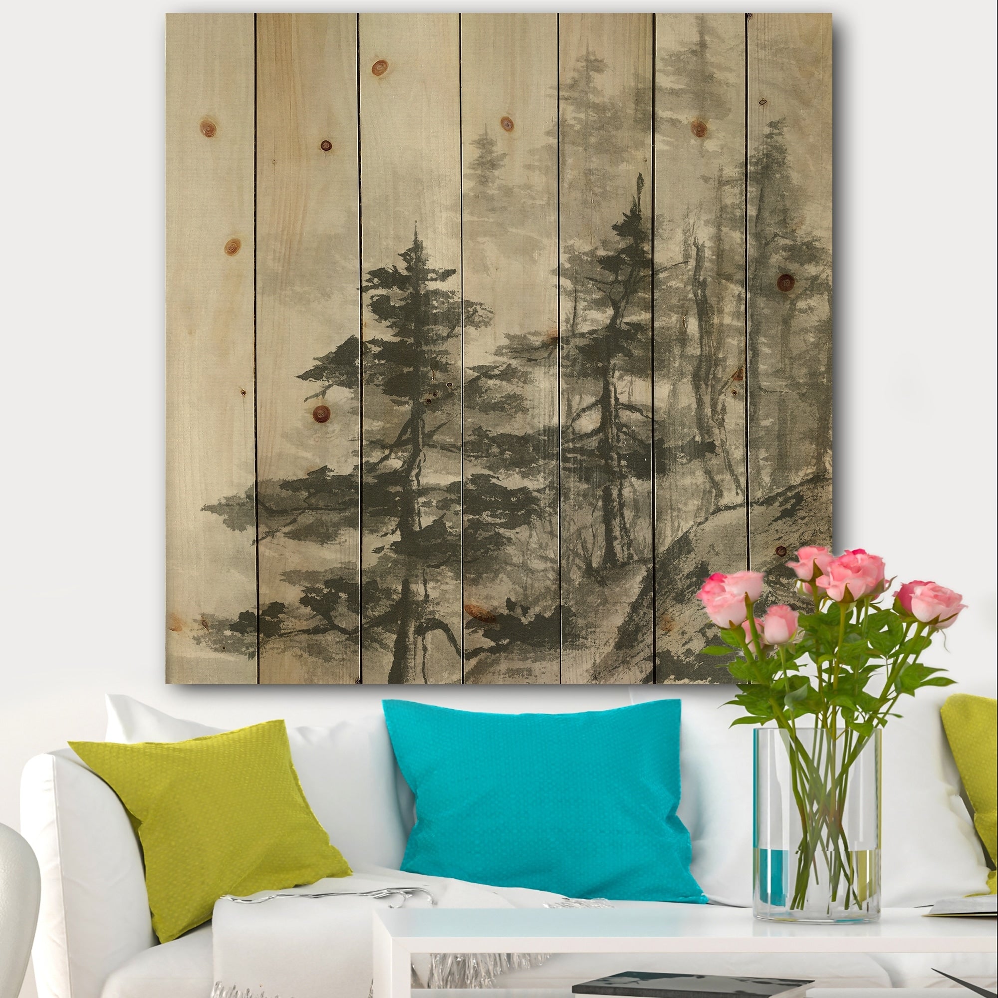 Designart 'Asian Forest' Cabin Lodge Natural Pine Print - Grey