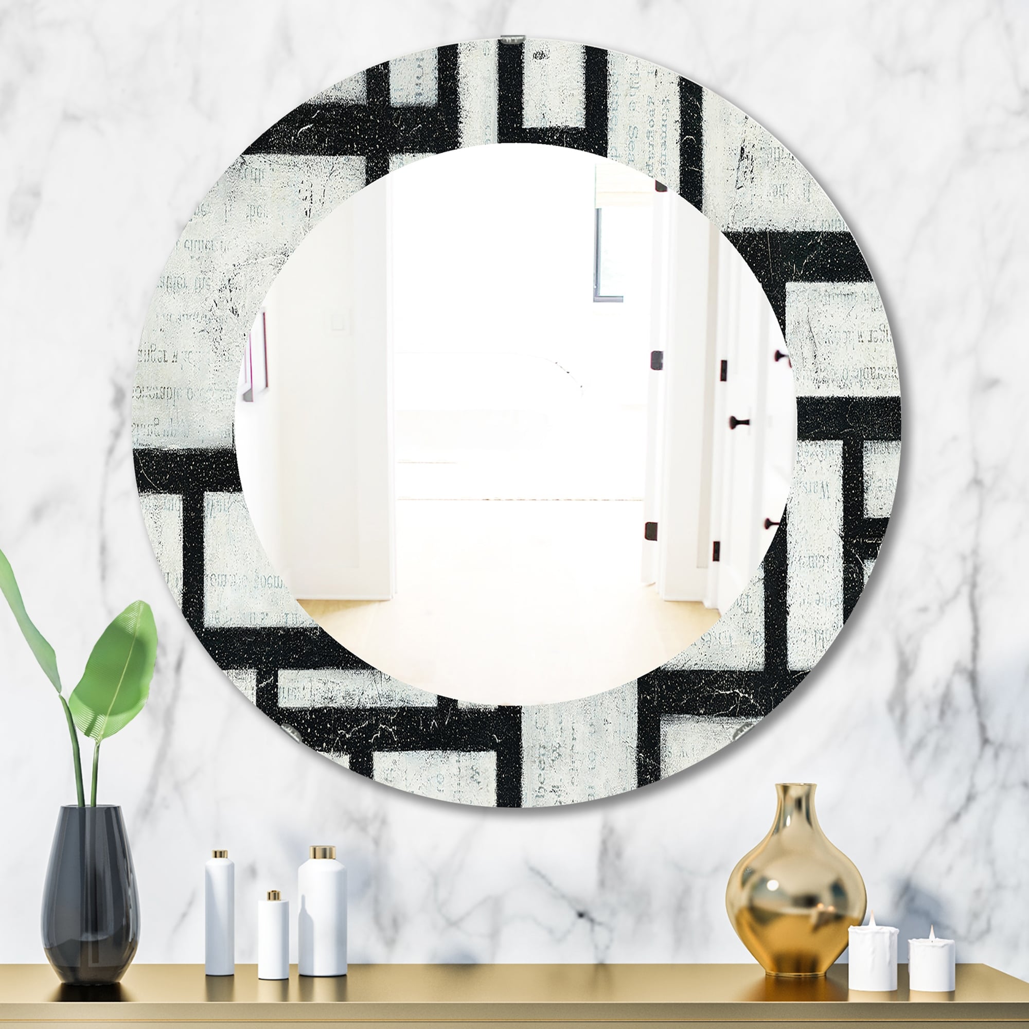 Porch & Den 'Black and White Labyrinth Geometric' Printed Mid-Century Mirror