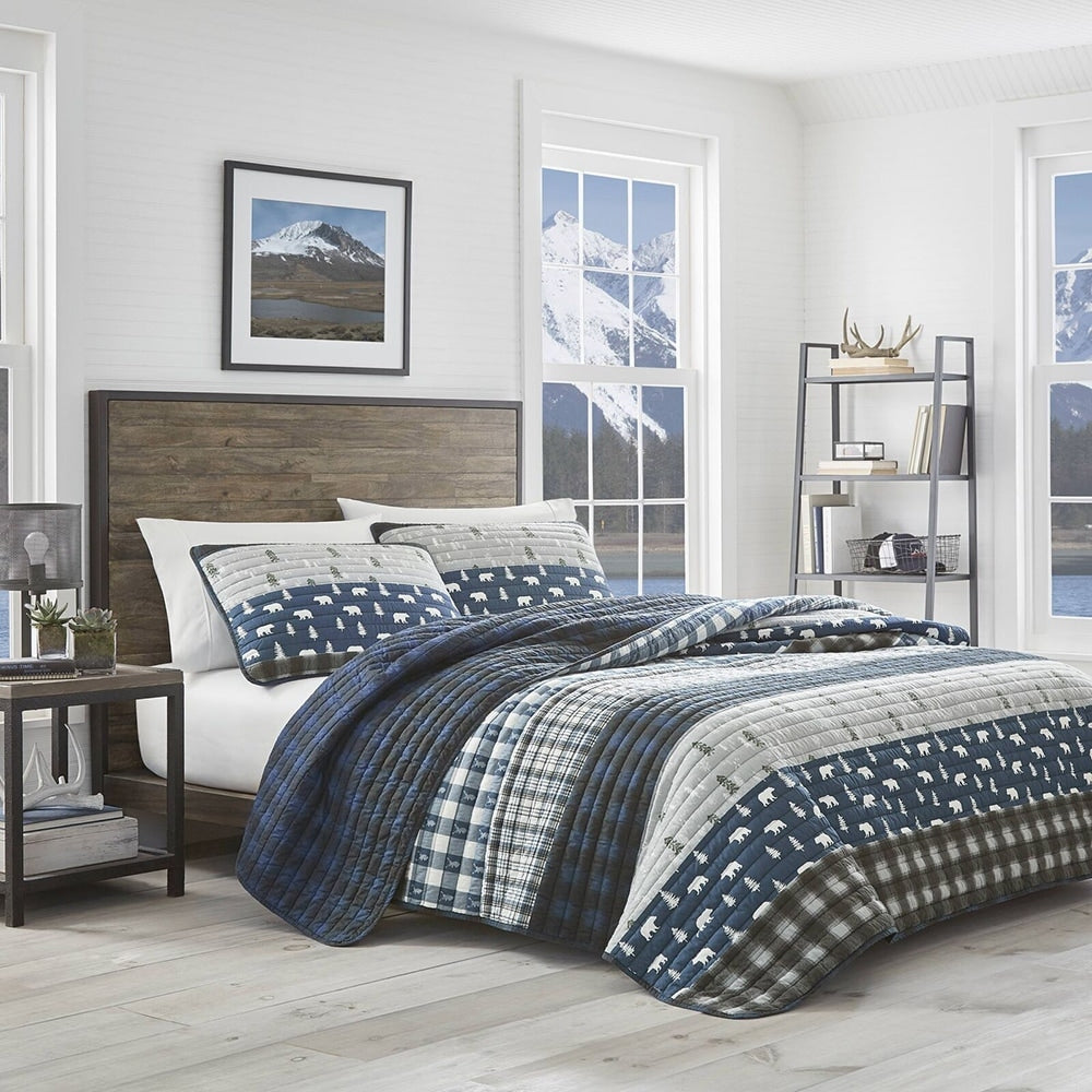 3pc Full/Queen Plaid Quilt Set Super Soft Lightweight Blue Grey