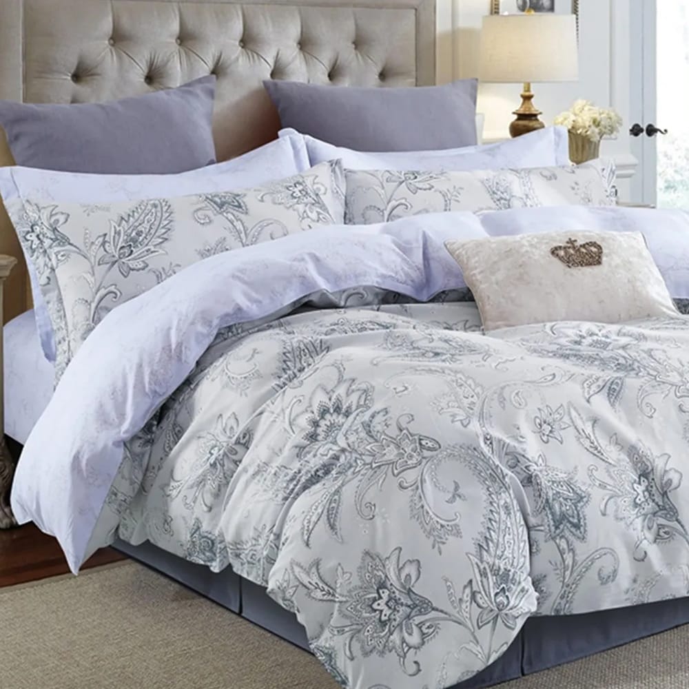 3pc California King 100% Cotton Bedding Set Paisley Print Gray