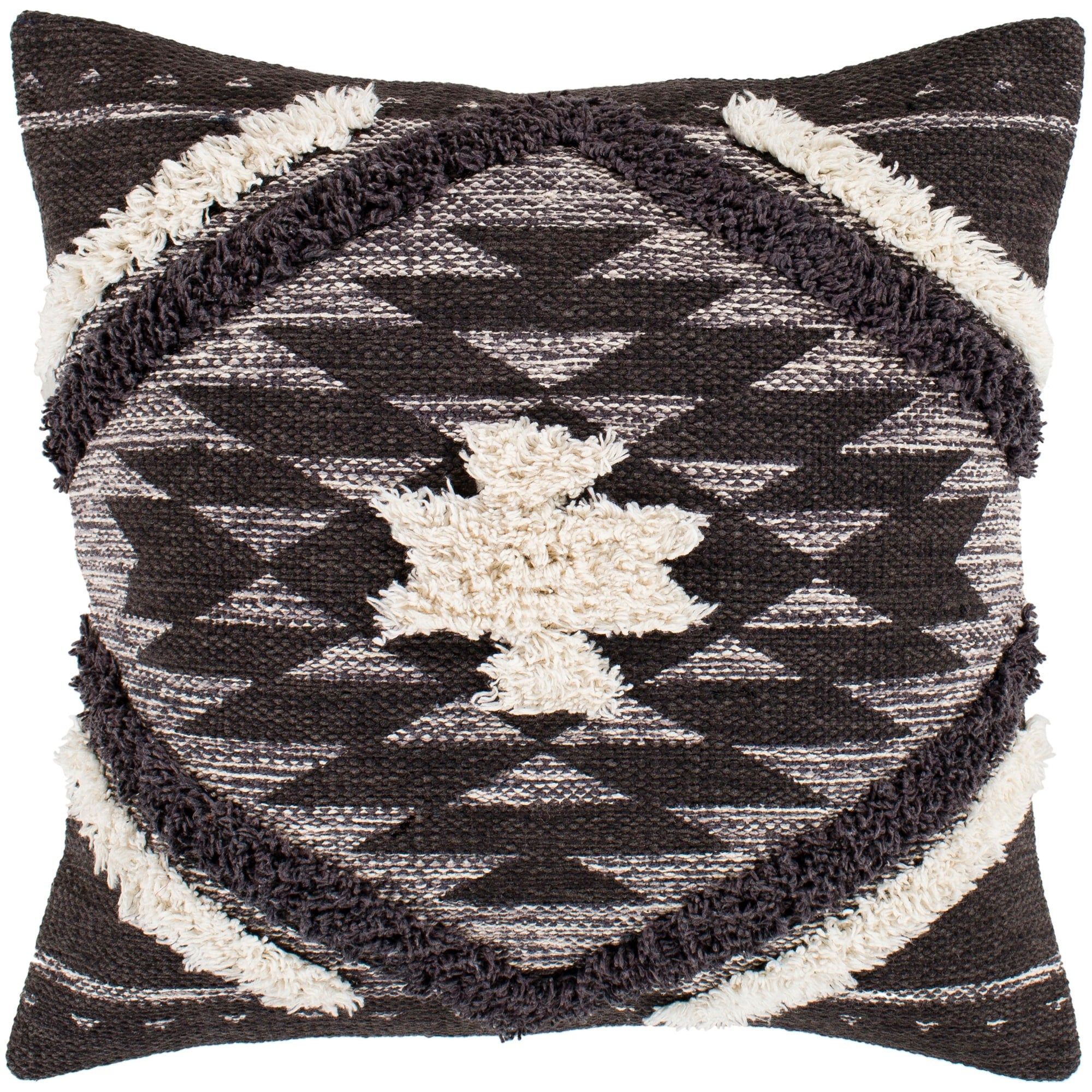 Katherine Black & Cream Boho Shag Throw Pillow Cover (18 x 18)