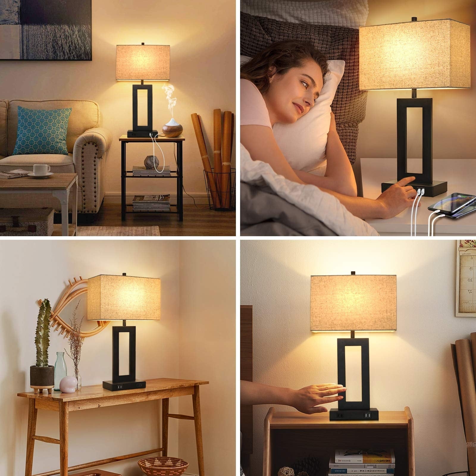 Set of 2 Touch Control Table Lamp with 2 USB Port,3-Way Dimmable Modern Nightstand Lamp Sets Bedside Touch Desk Lamp with Fabric