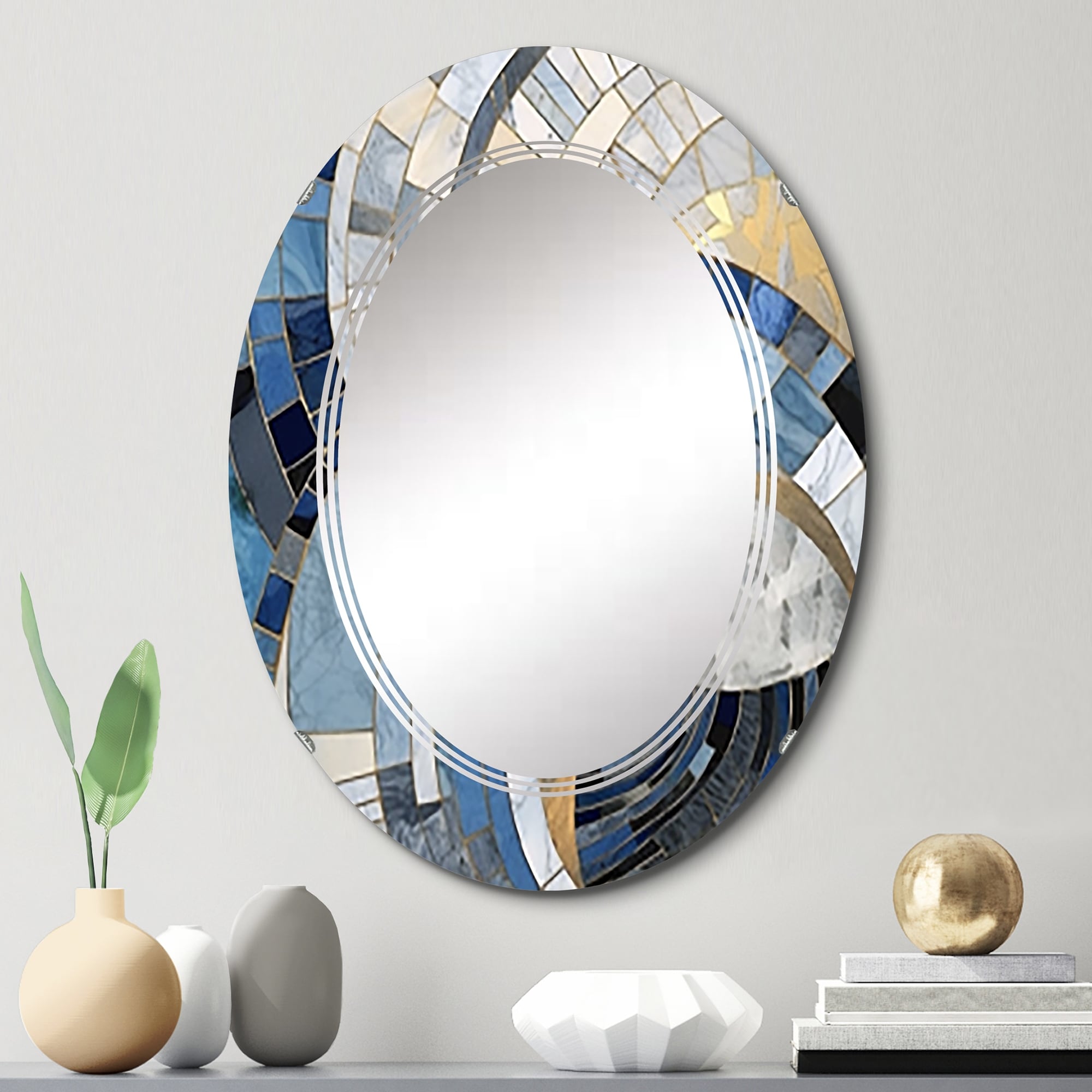 Designart Gold Constructing Blue Realms I Abstract Shapes Modern Wall Mirror