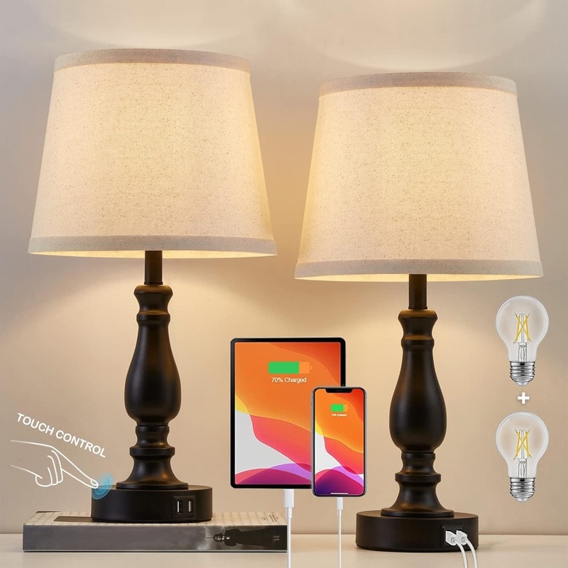 Table lamp, set of 2, 3-way dimmable nightstand lamp (bulb included) - 10D x 10W x 19.3H