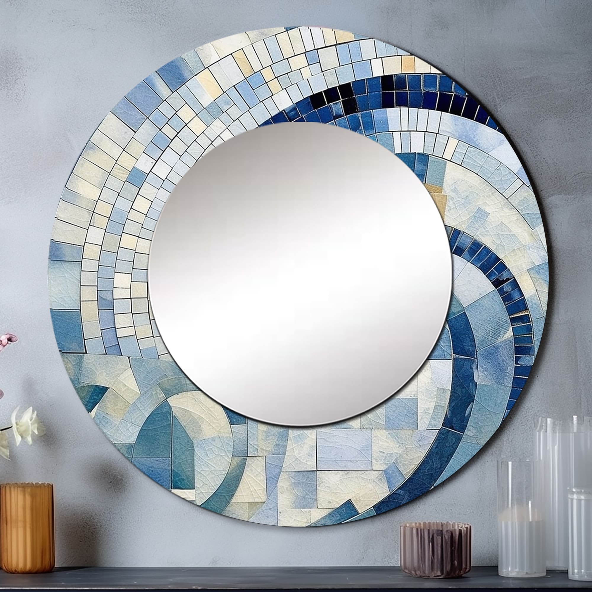 Designart Gold Constructing Blue Realms IV Abstract Shapes Round Mirror For Wall Decor - Modern Blue Bedroom Mirror