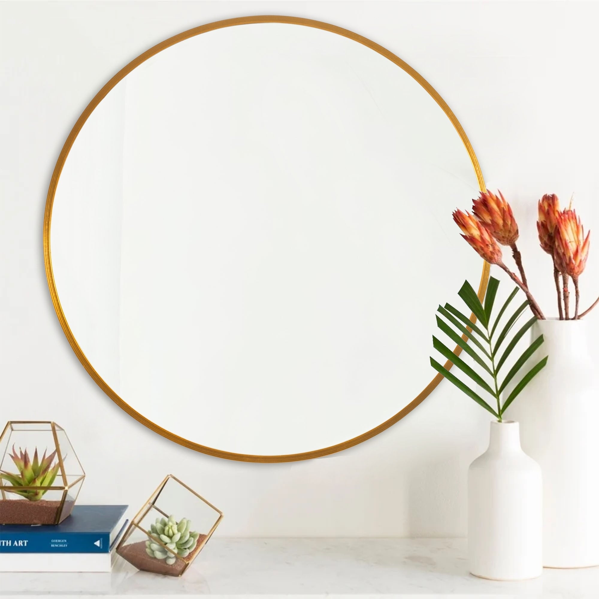 Lumioca Wall Round Mirror 30'' Modern Brushed Metal Frame Wall-Mounted