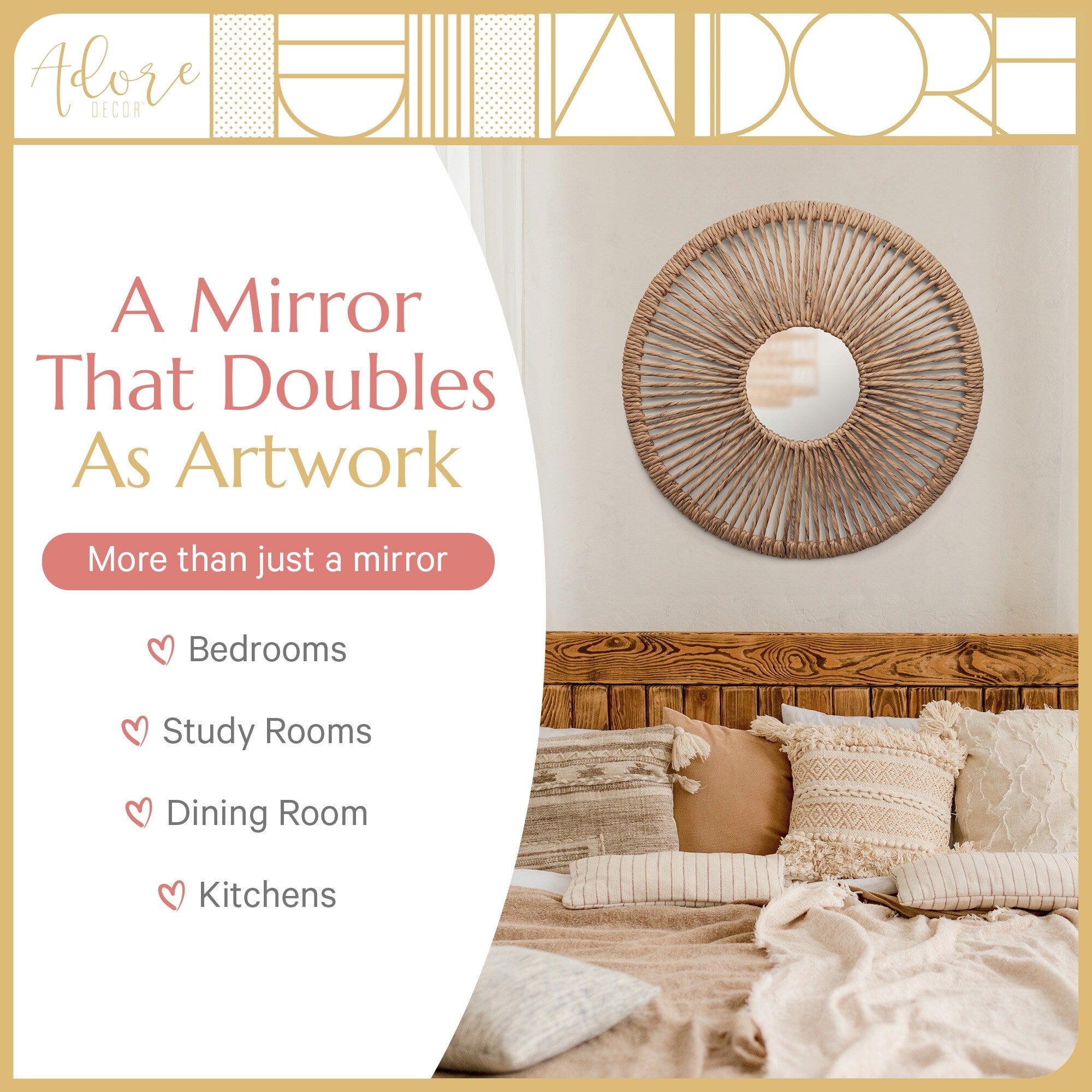 Adore Decor Carrie Round Rattan Style Hanging Mirror, Boho and Farmhouse Design - Natural
