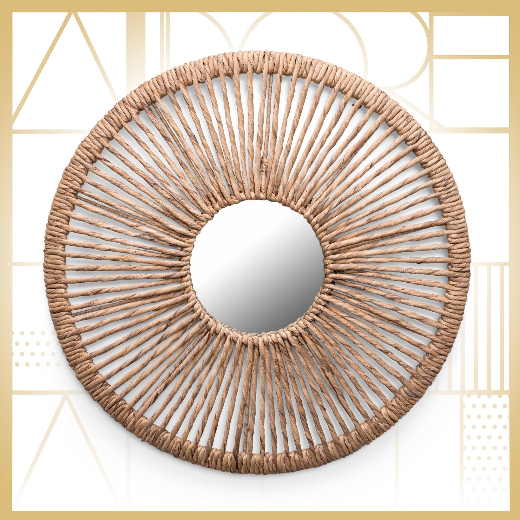 Adore Decor Carrie Round Rattan Style Hanging Mirror, Boho and Farmhouse Design - Natural