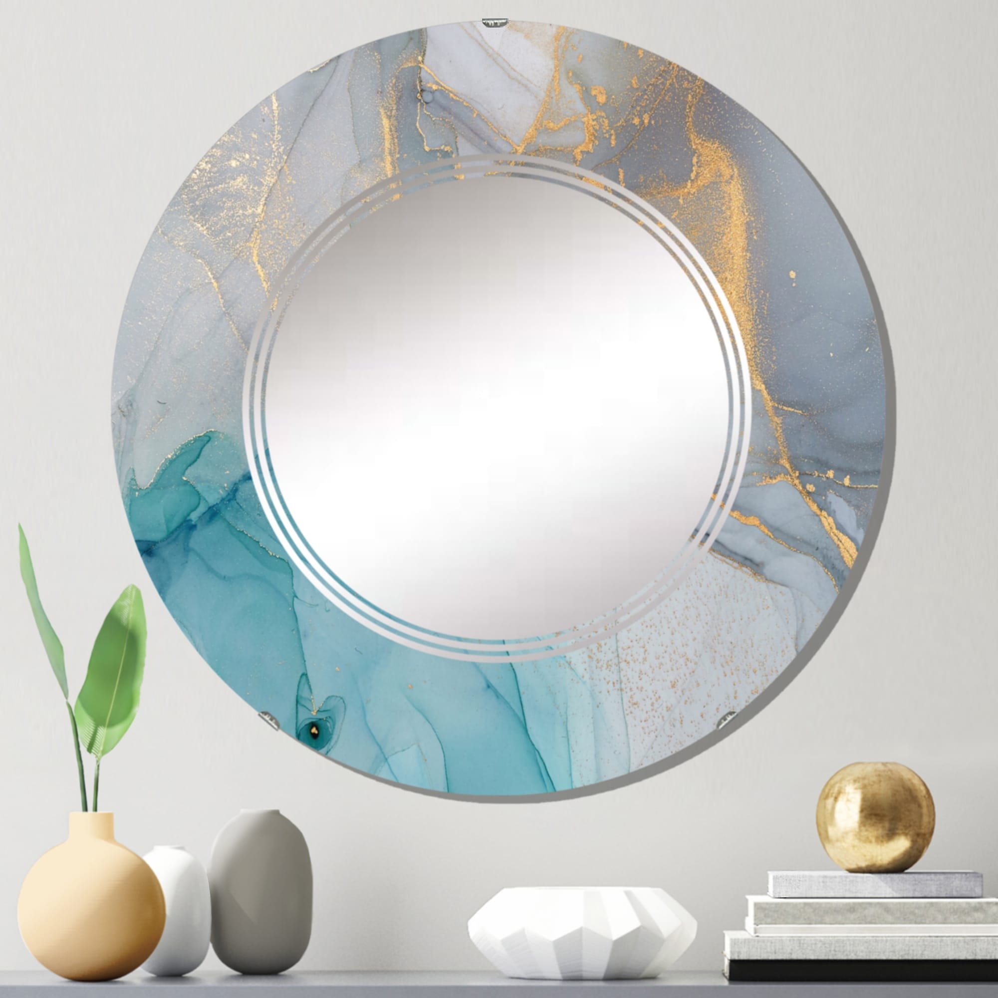 Designart 'Turquoise And Blue Liquid Ink' Printed Modern Wall Mirror