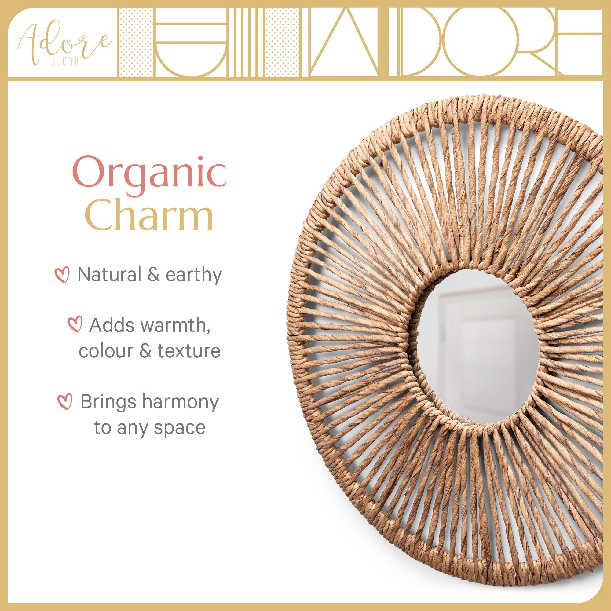 Adore Decor Carrie Round Rattan Style Hanging Mirror, Boho and Farmhouse Design - Natural
