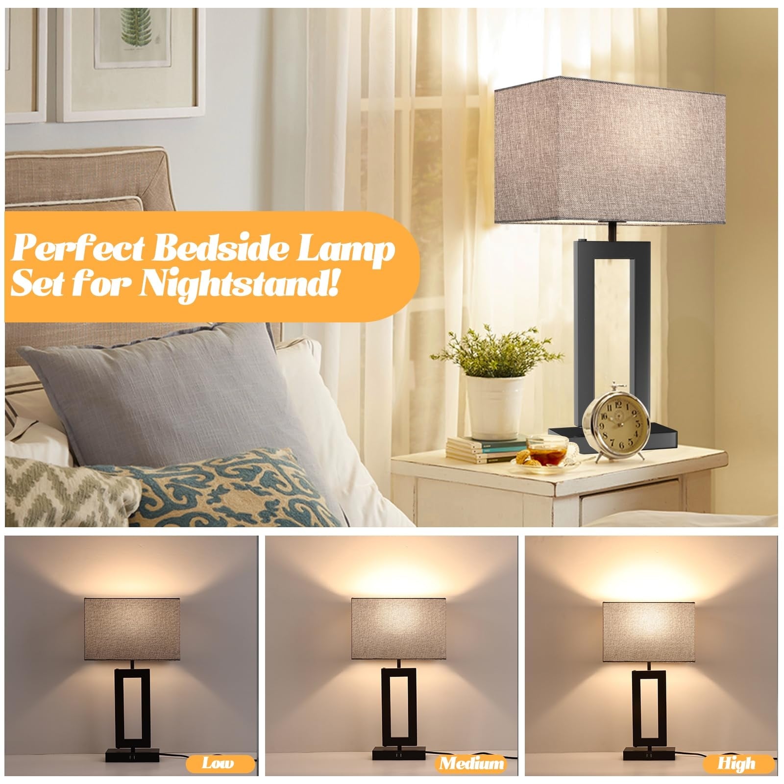 22 Large Lamps for Bedroom Set of 2 Touch Control Table Lamp for Living Room, 3-Way Dimmable Modern Lamps w/ 2 USB Port