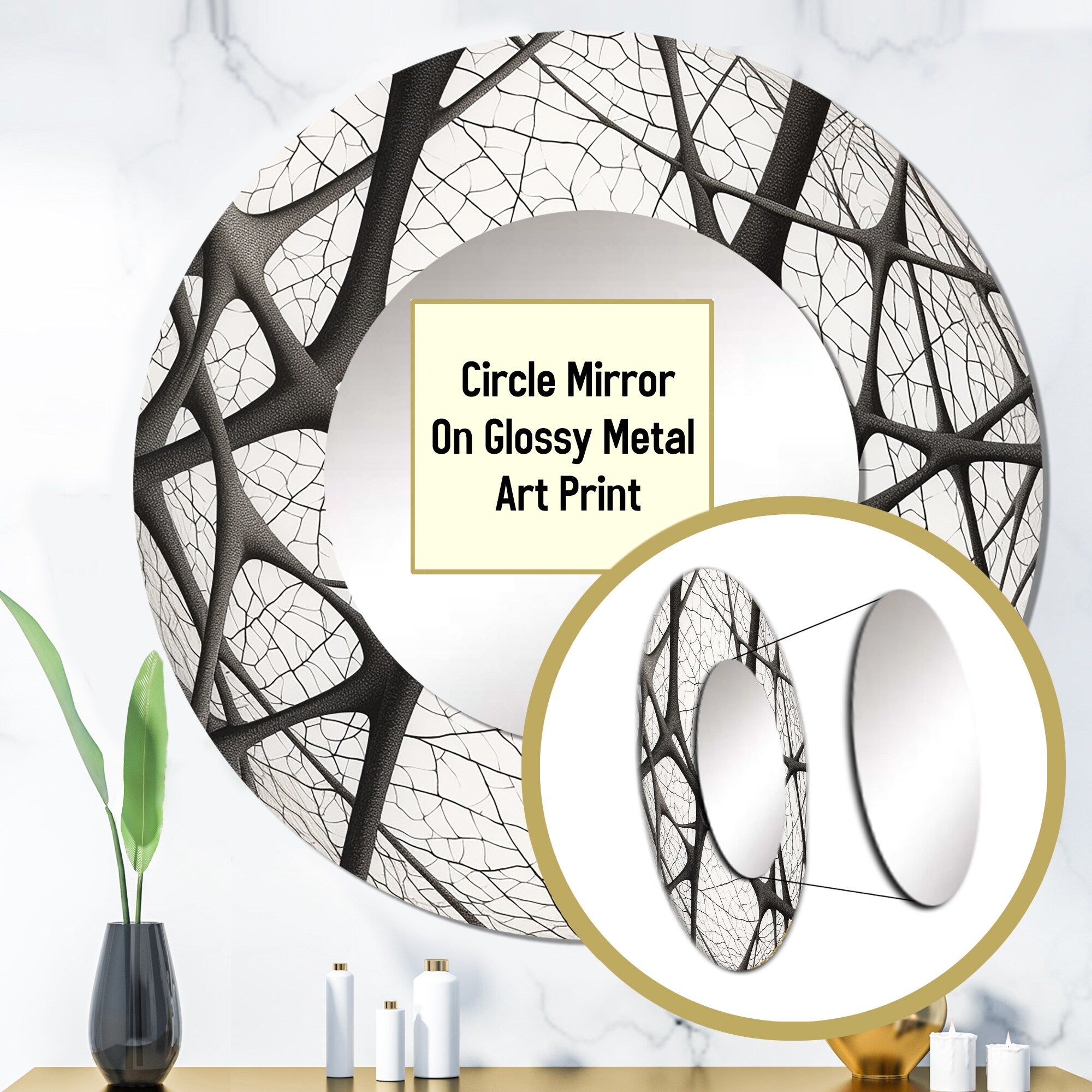 Designart Minimalist Black and White IX Abstract Shapes Round Mirror Wall Decor - Modern Black Mirror