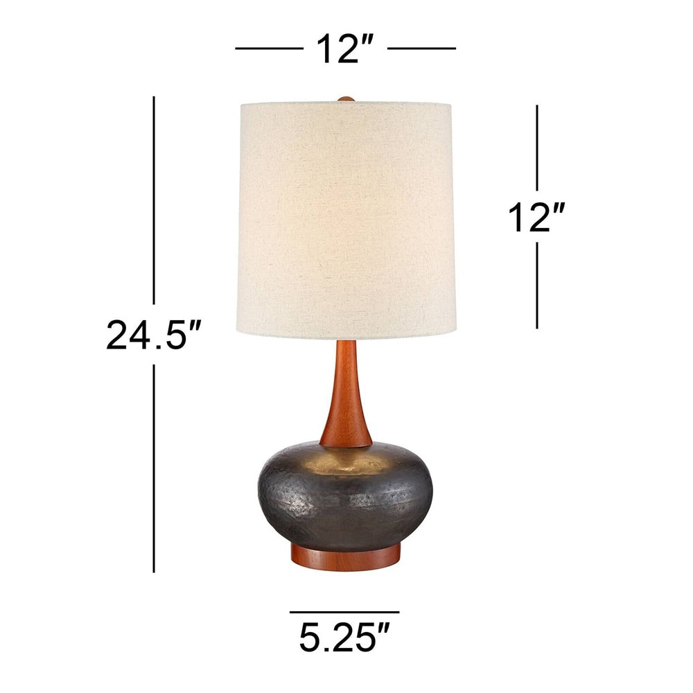 Mid Century Modern Table Lamp Hammered Bronze Wood - 12 x 24.5