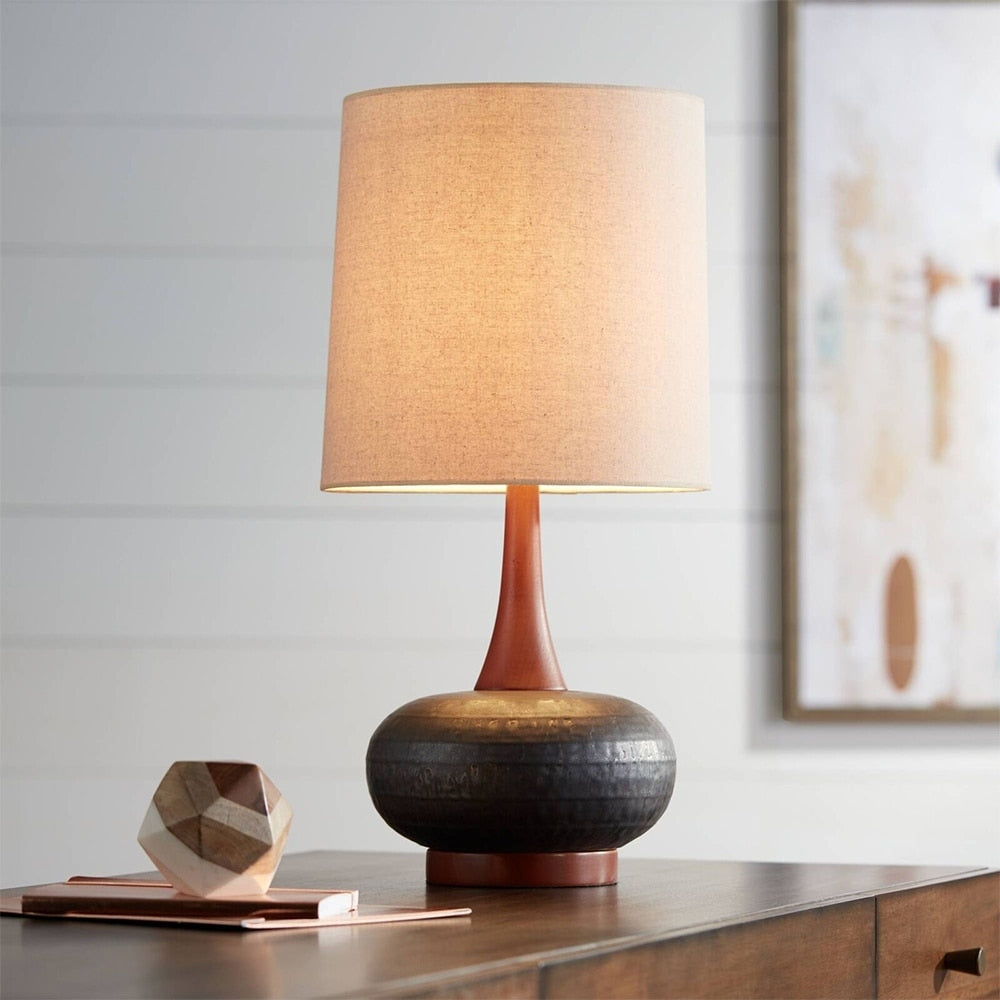 Mid Century Modern Table Lamp Hammered Bronze Wood - 12 x 24.5