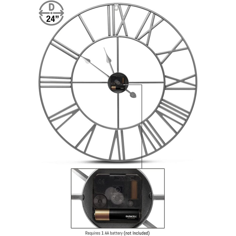 Sorbus Large Decorative Wall Clock, Analog Metal Clock, 24 Round (Silver)