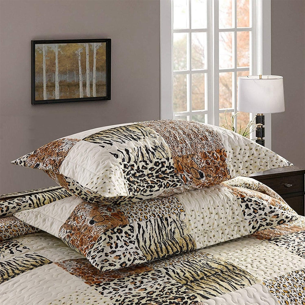 3 Piece Quilted Bedspread Leopard Print Set Bedding Animal Print Queen