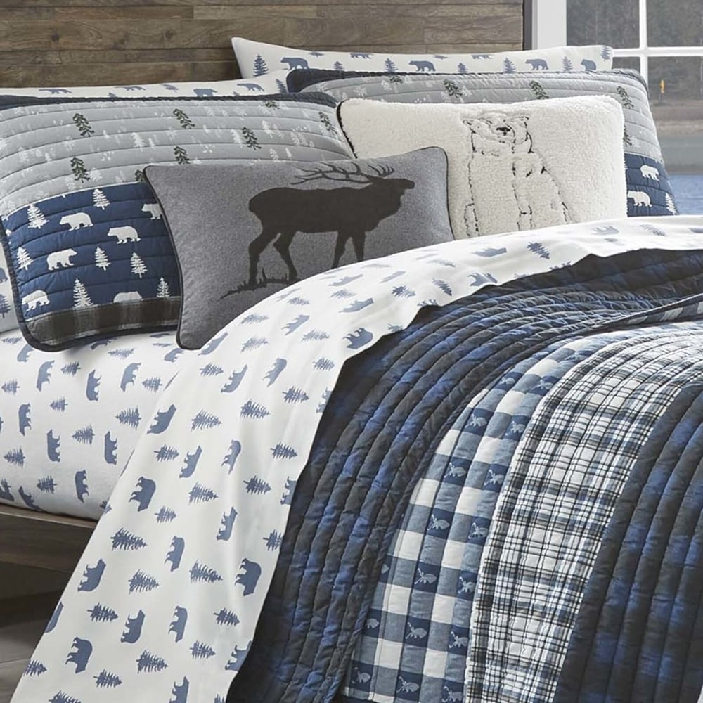 3pc Full/Queen Plaid Quilt Set Super Soft Lightweight Blue Grey