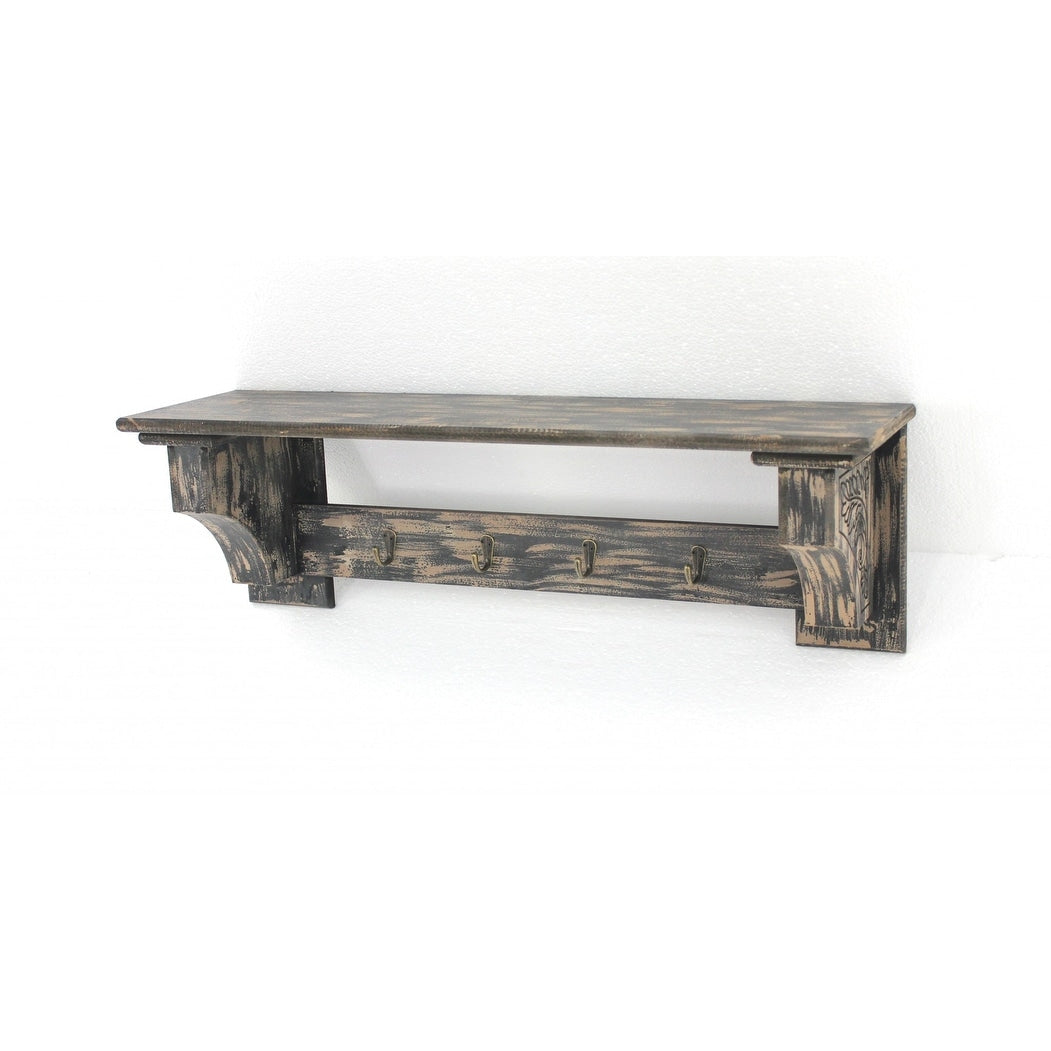 8 x 30 x 9.75 Black Vintage Wooden 4 Metal Hooks - Wall Shelf - 8 x 30 x 9.75