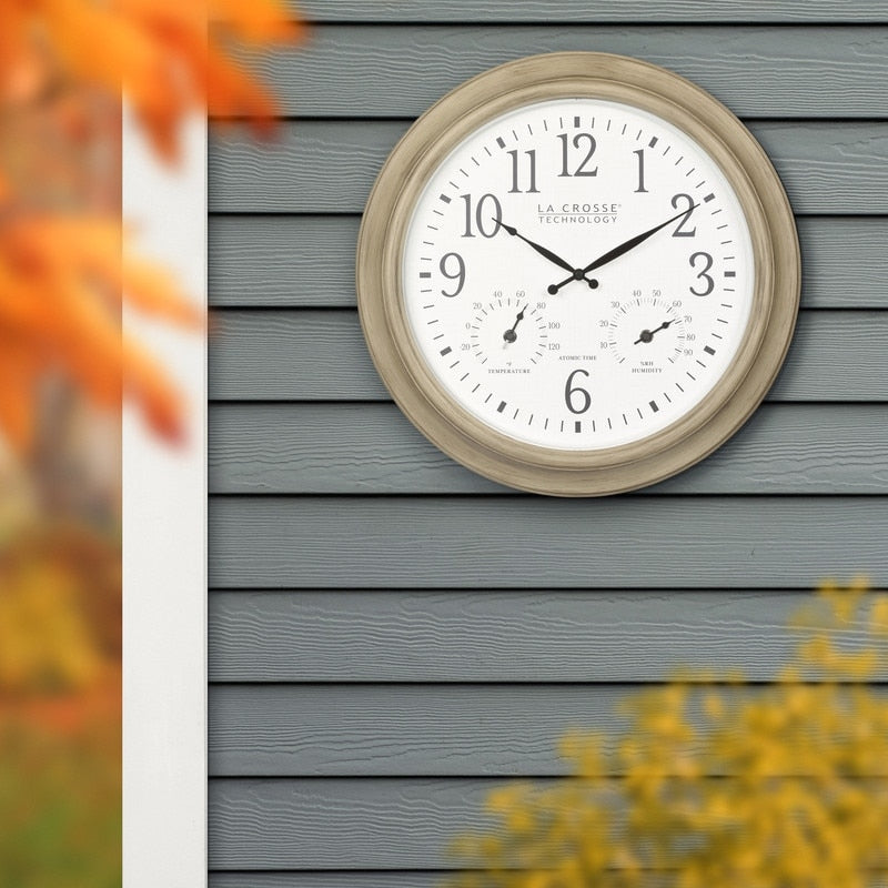 La Crosse 404-18027-INT 18 Outdoor Tan Atomic Analog Temp Wall Clock