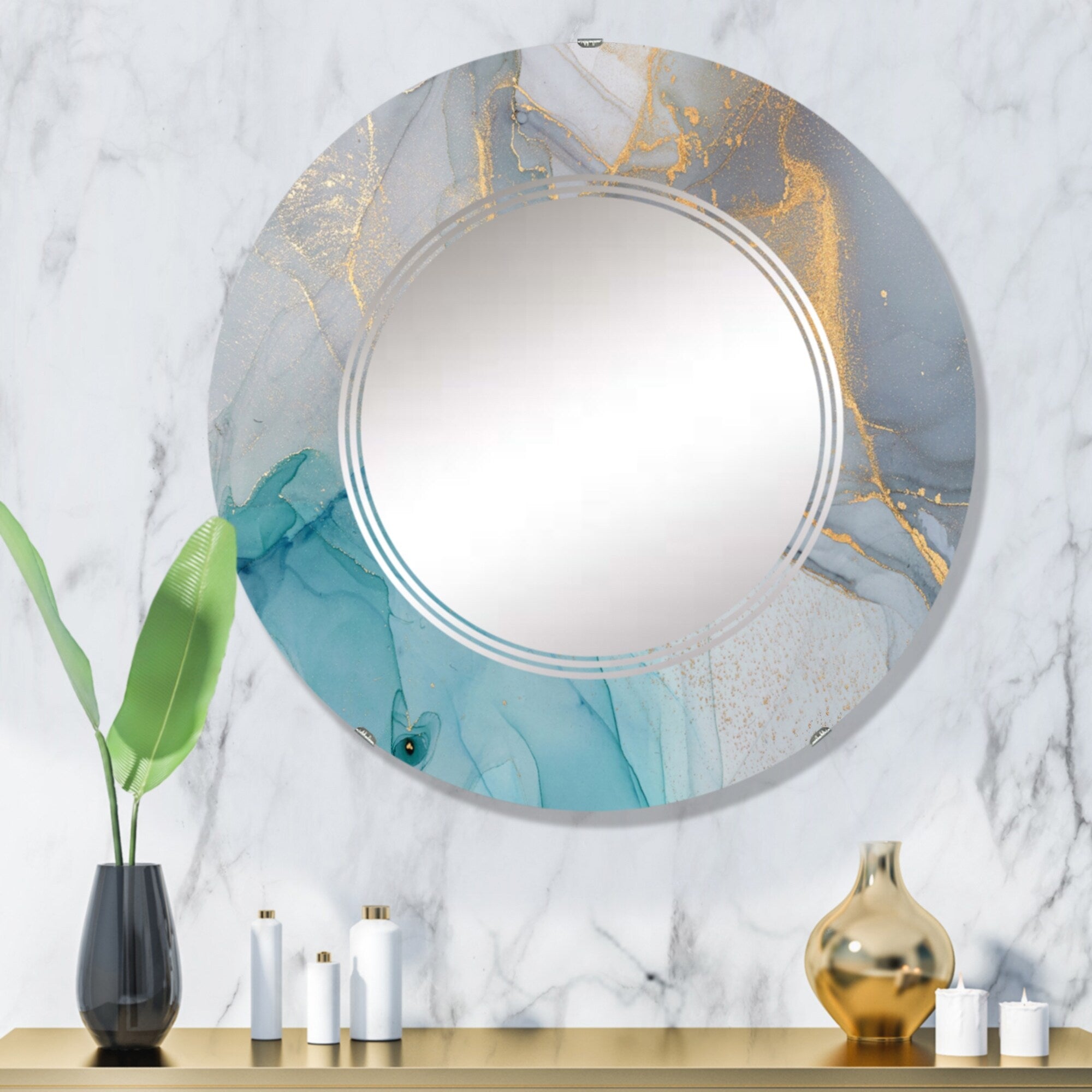 Designart 'Turquoise And Blue Liquid Ink' Printed Modern Wall Mirror