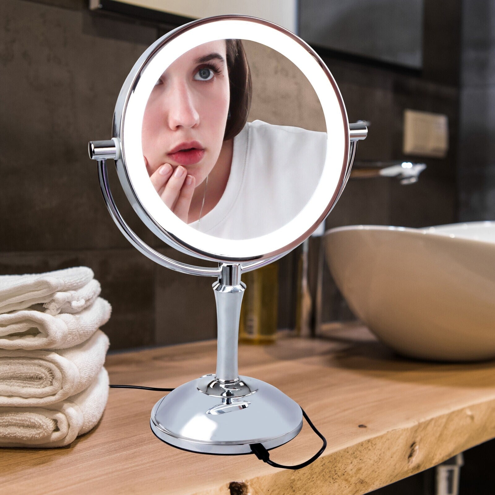 Standing Lighted Makeup Mirror with 1x and 10x Magnification