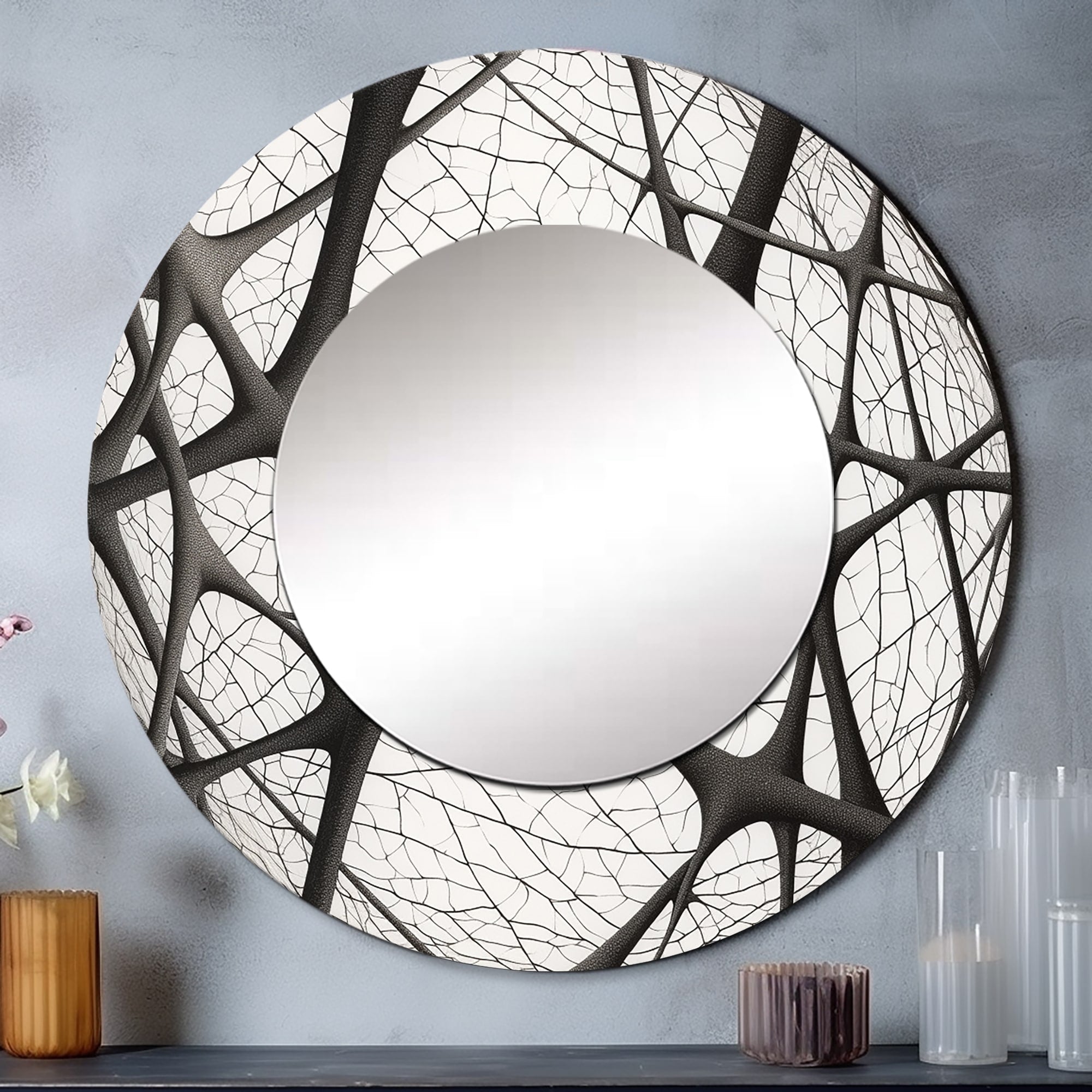 Designart Minimalist Black and White IX Abstract Shapes Round Mirror Wall Decor - Modern Black Mirror