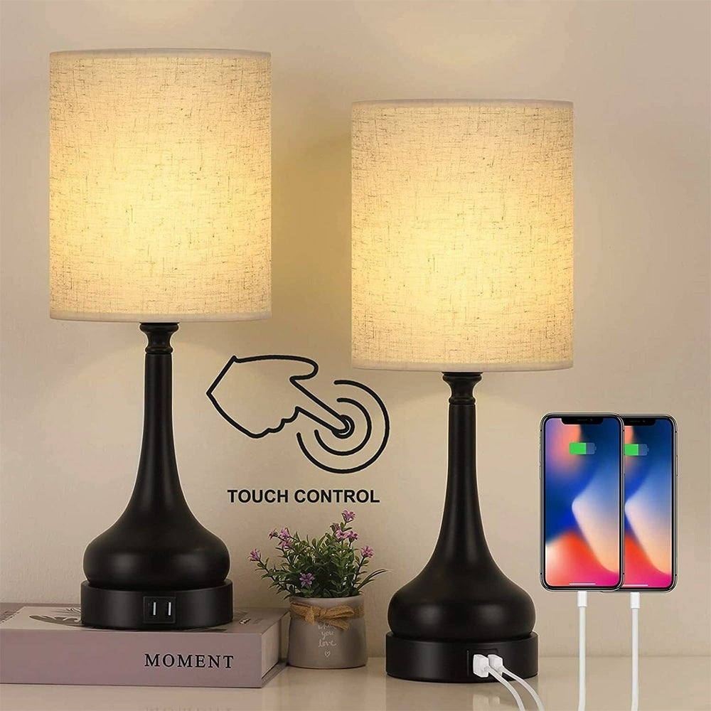 Set of 2 Table Lamps Touch Bedside Lamps with Dual USB White Black - 6.9 x 17.7