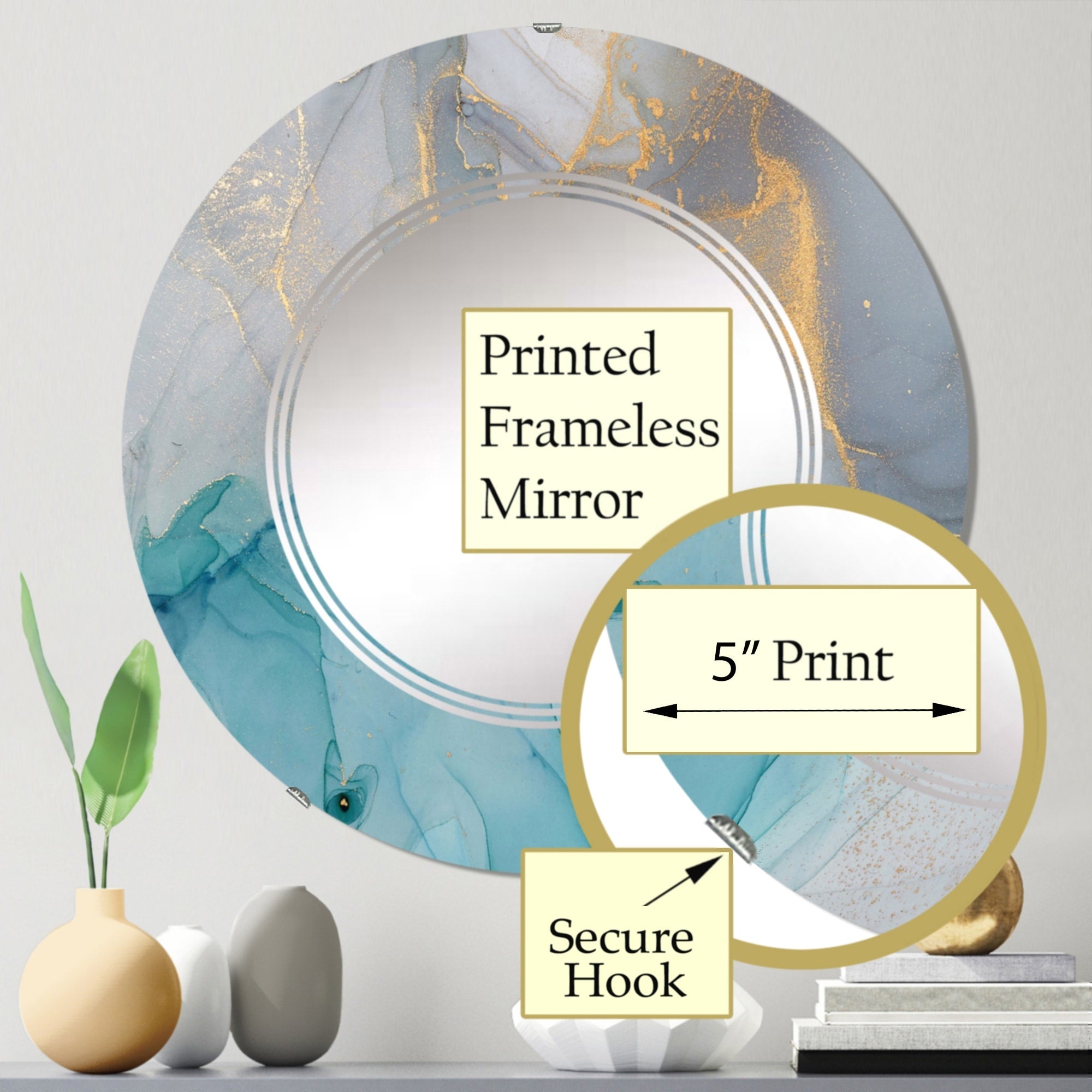 Designart 'Turquoise And Blue Liquid Ink' Printed Modern Wall Mirror