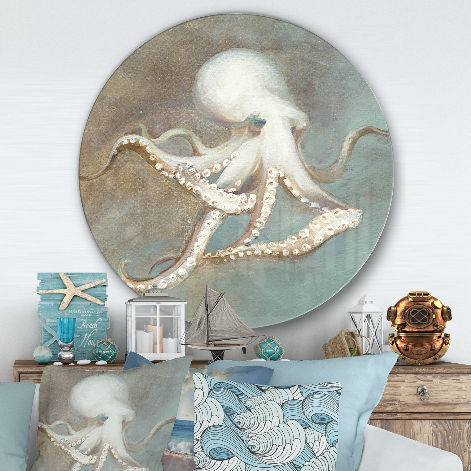 Designart 'Octopus Treasures from the Sea' Nautical & Coastal Metal Circle Wall Art
