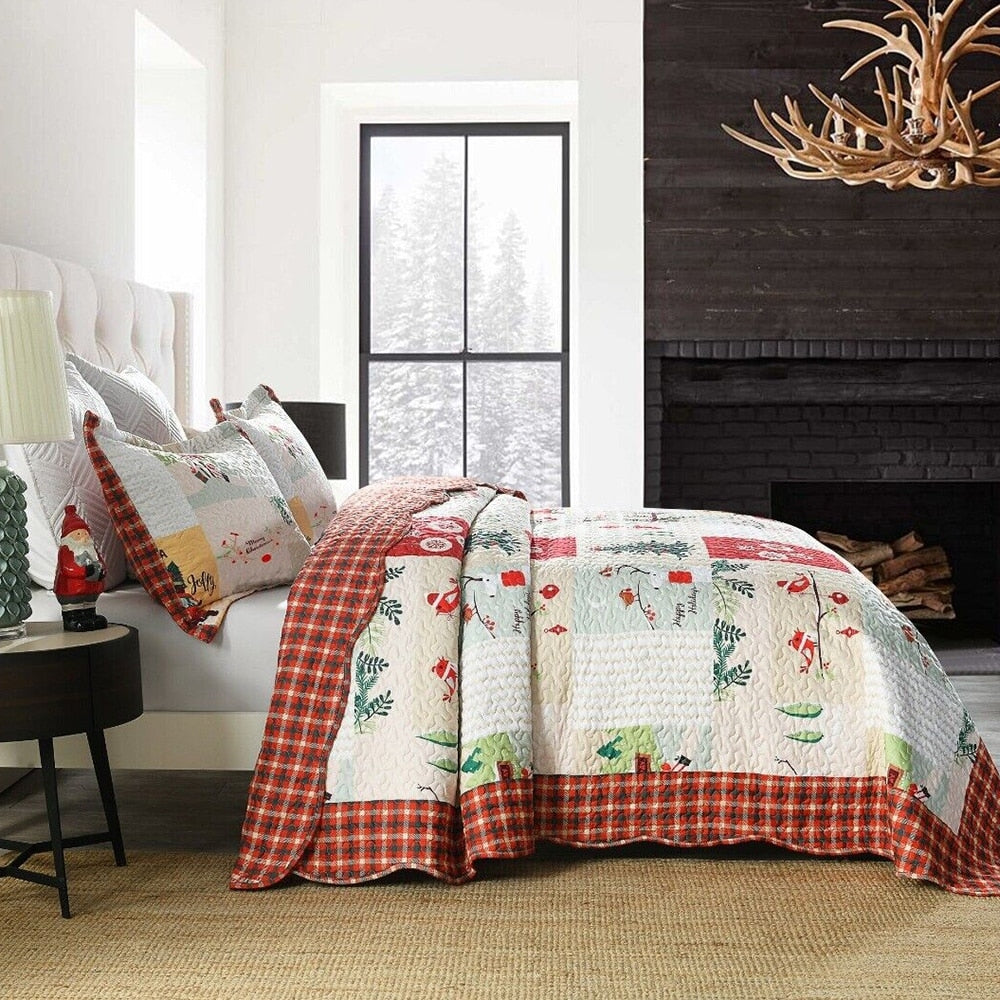 3 Piece Christmas Quilt Set Rustic Lodge Cabin Bedspread Quilt Queen