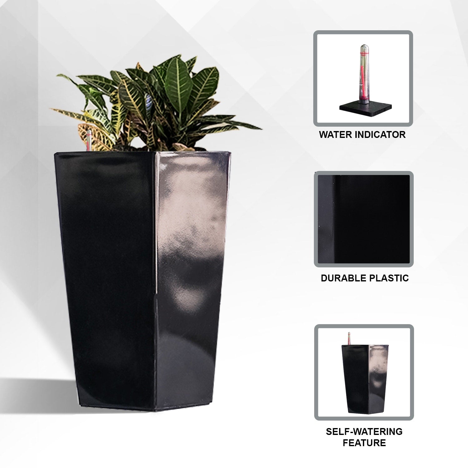 XBrand 22.4 H Plastic Self Watering Indoor Outdoor Square Planter Pot, Tall Decorative Gardening Pot, Home Décor Accent