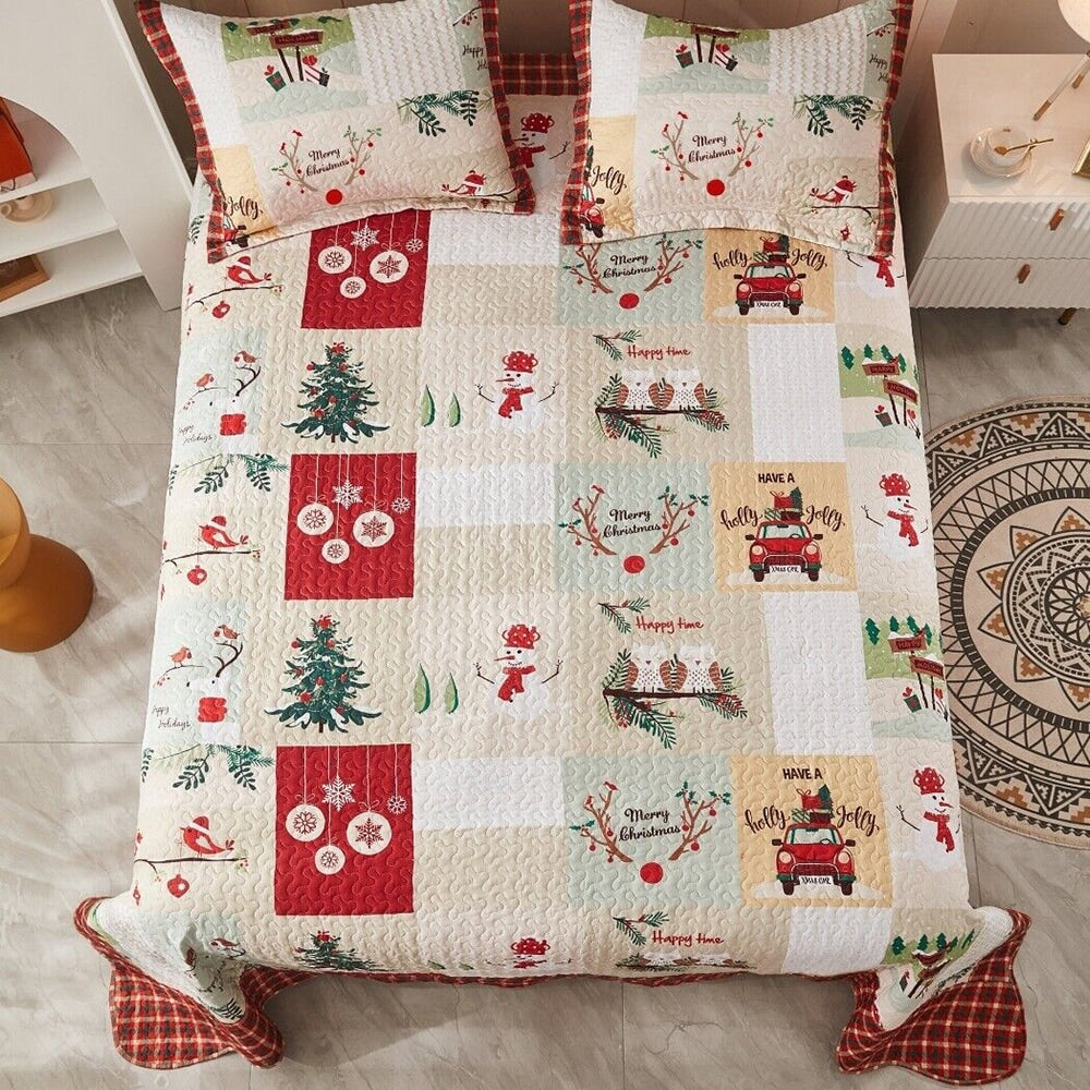 3 Piece Christmas Quilt Set Rustic Lodge Cabin Bedspread Quilt Queen