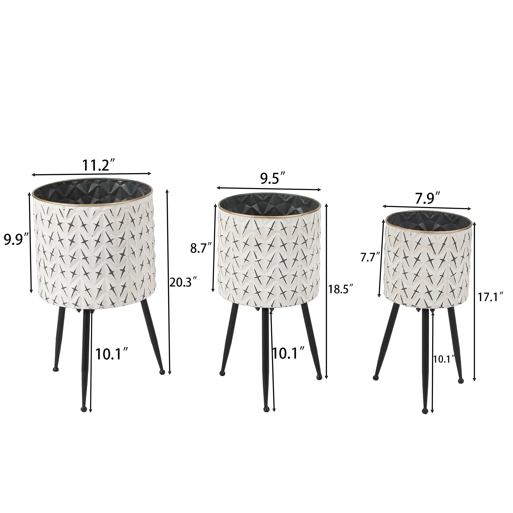 Distressed White and Black Metal Cachepot Planters with Legs (Set of 3)