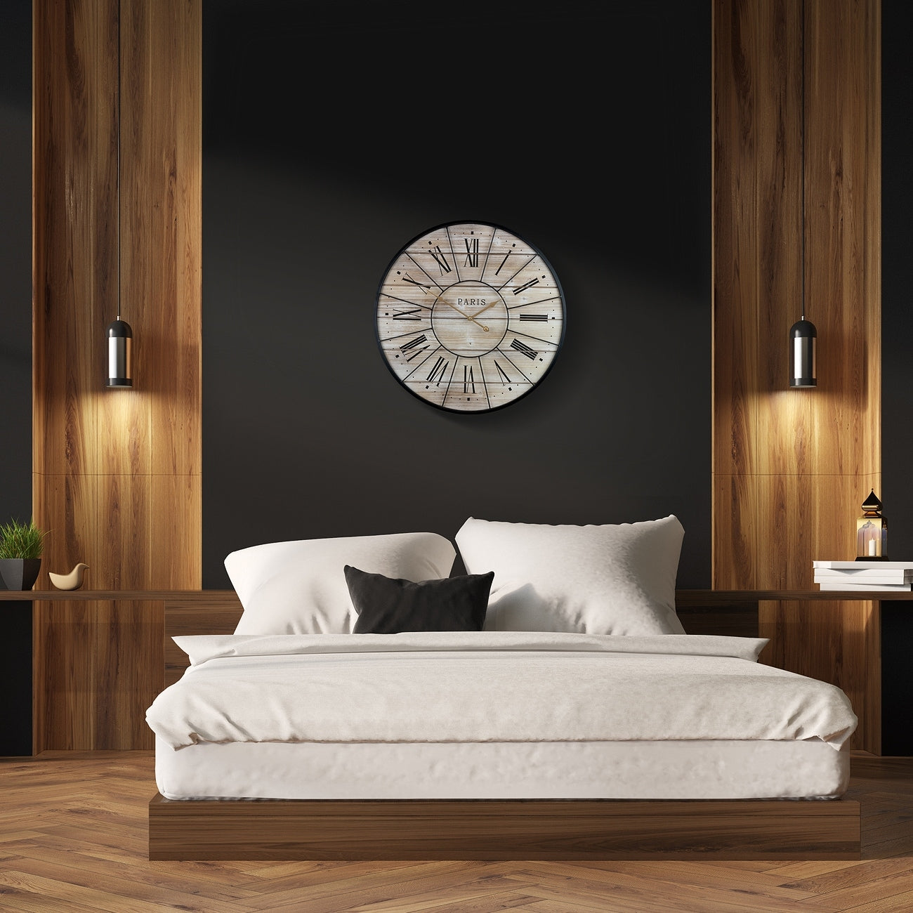 Sorbus Oversized 24 Round Analog Metal Wall Clock - Wooden Farmhouse Paris Décor (Roman Numerals)