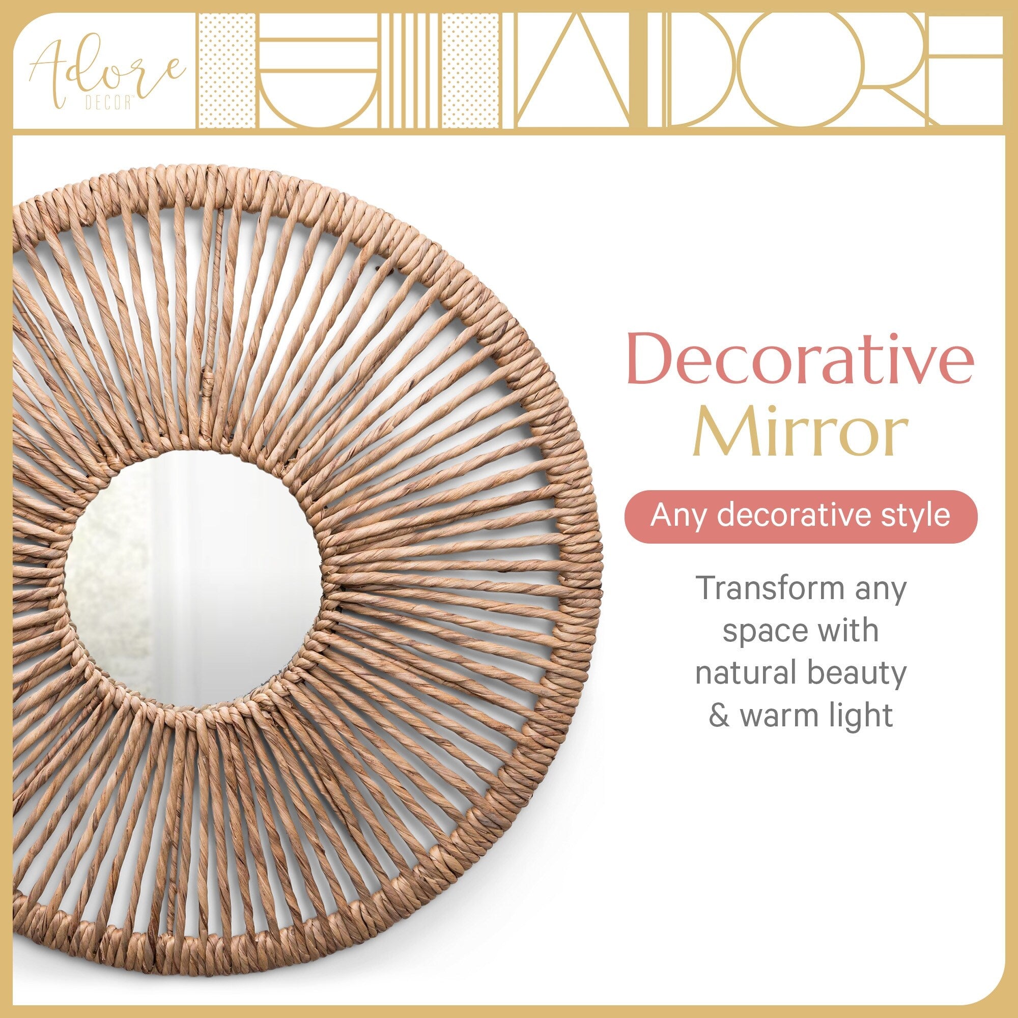 Adore Decor Carrie Round Rattan Style Hanging Mirror, Boho and Farmhouse Design - Natural