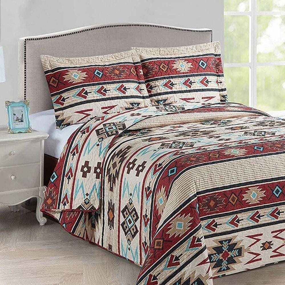 Full/Queen Rustic Striped Southwestern Bedding Set Red