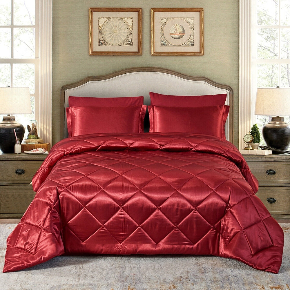 8 Pic Silky Satin Comforter Set Soft Luxury Quilted King Burgundy