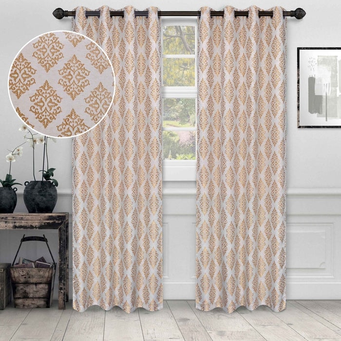 Superior Venetian Damask Jacquard Embroidered Washable Curtains, Set of 2