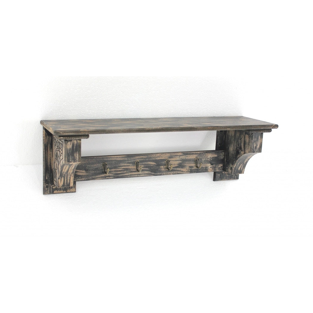 8 x 30 x 9.75 Black Vintage Wooden 4 Metal Hooks - Wall Shelf - 8 x 30 x 9.75