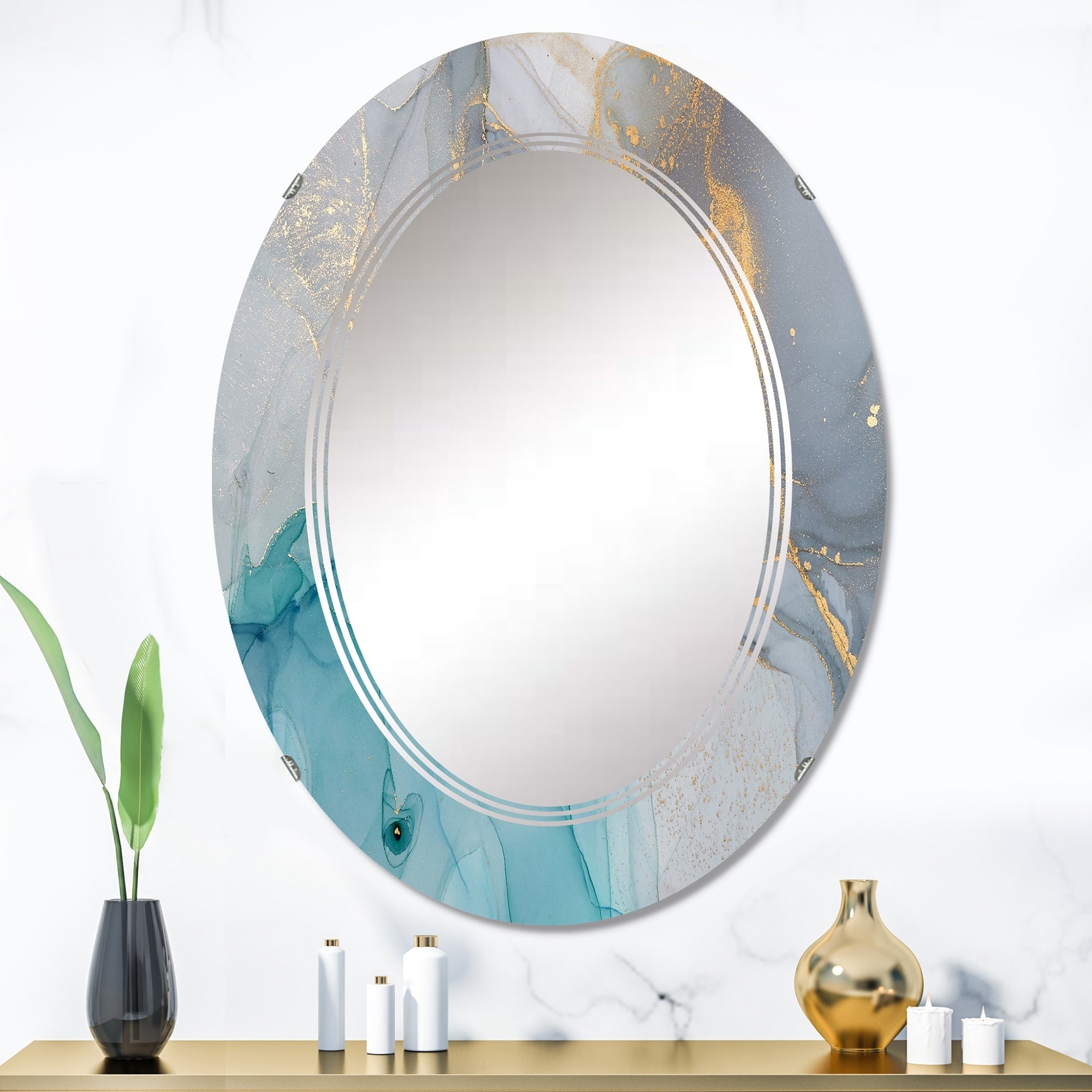 Designart 'Turquoise And Blue Liquid Ink' Printed Modern Wall Mirror