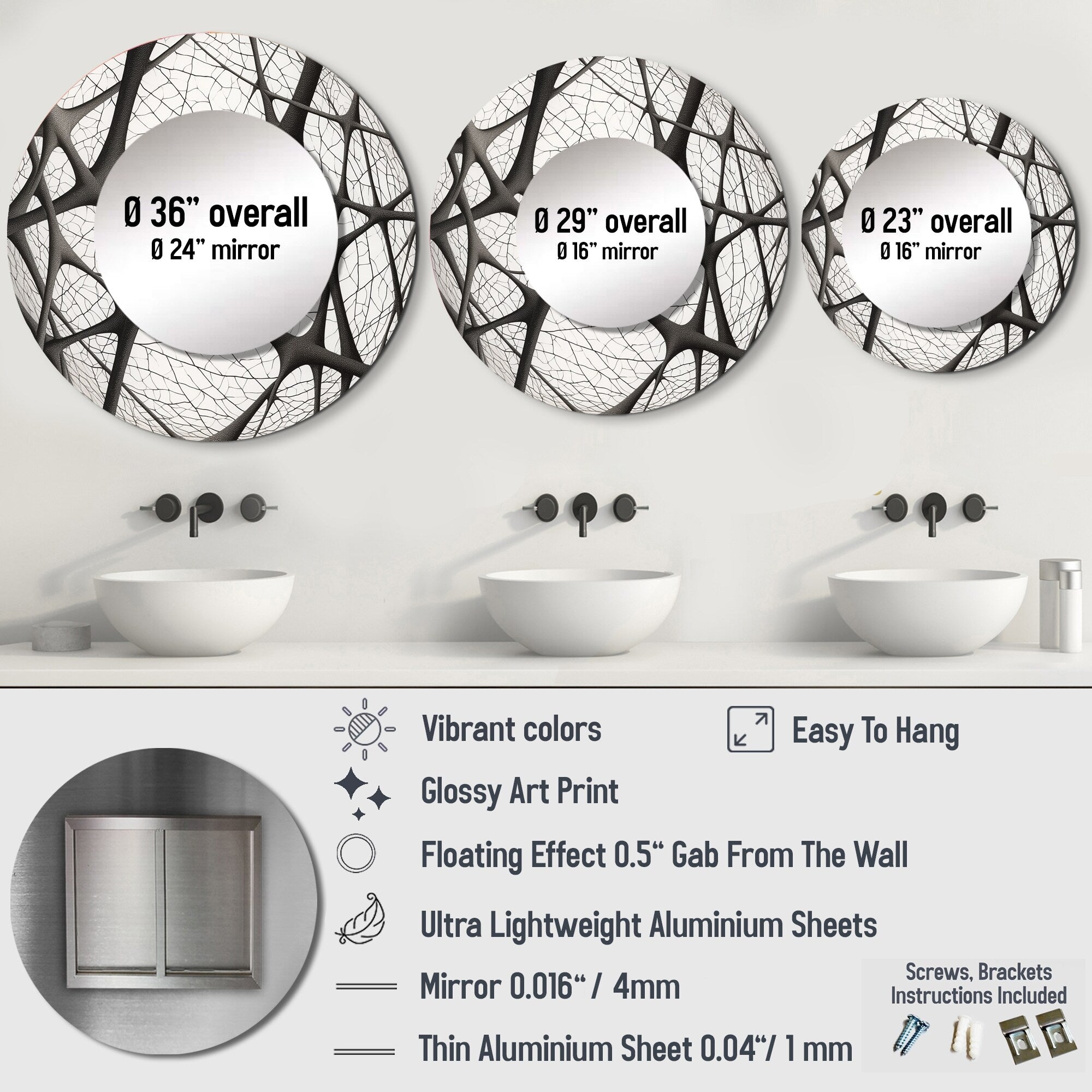Designart Minimalist Black and White IX Abstract Shapes Round Mirror Wall Decor - Modern Black Mirror