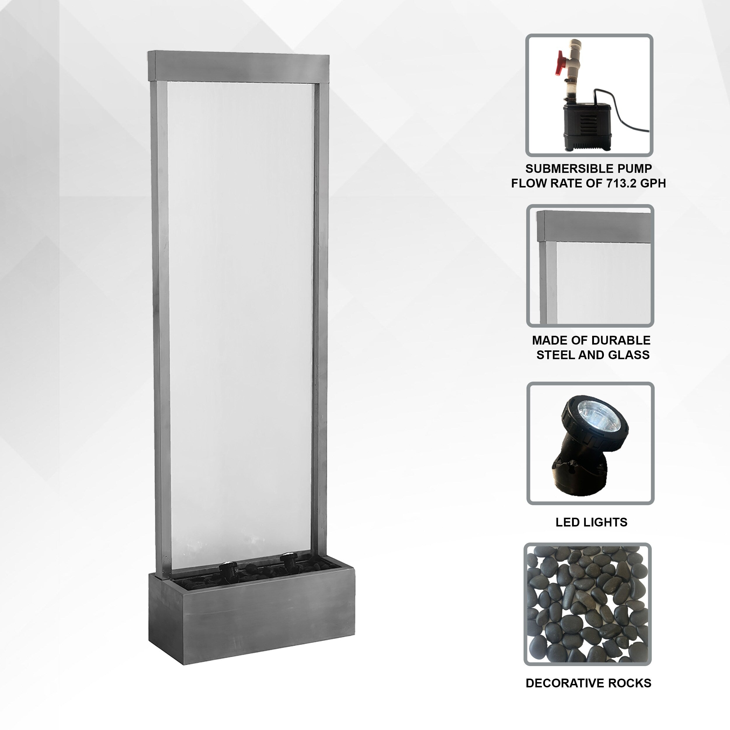 XBrand 72 Steel/Glass Free-Standing Mirror Waterfall Fountain w/ Pump, LED Lights and Rocks, Modern Mirror Fountain